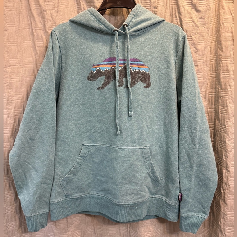 Patagonia green Pullover Hoodie with Multicolor Bear Graphic